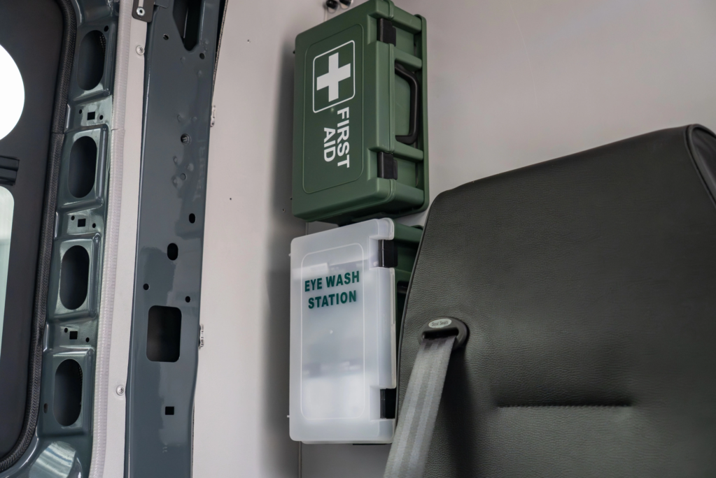 Eye wash and first aid kit inside a Crewfare conversion