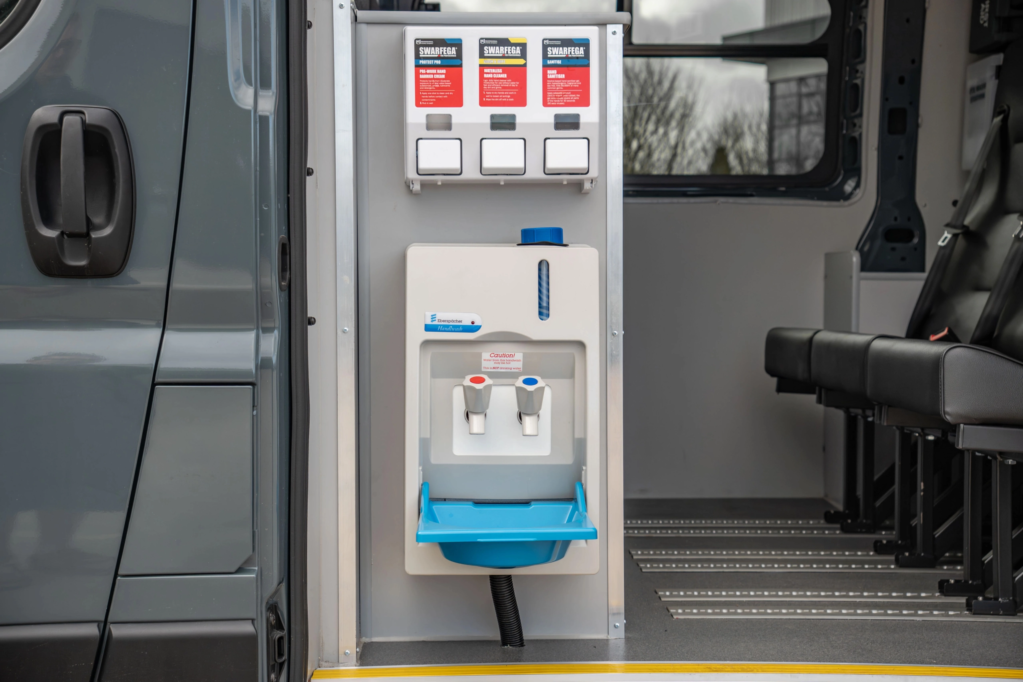 Hand wash station inside a Crewfare conversion