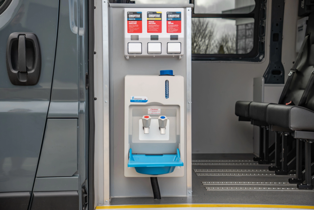 Hand wash station inside a Crewfare conversion
