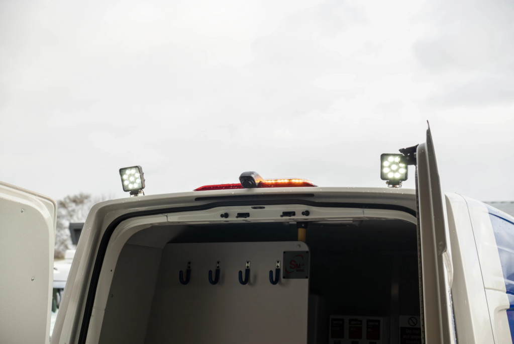 work lamps and beacon on the back of a welfare van